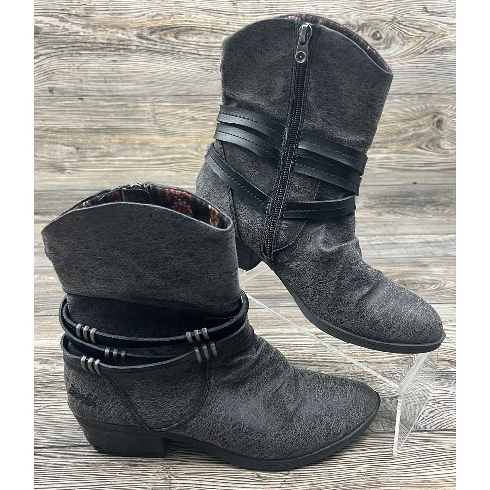 Blowfish Grey Moto Boots Vegan Leather Size 9 Side Zip Block Heel Edgy Biker
